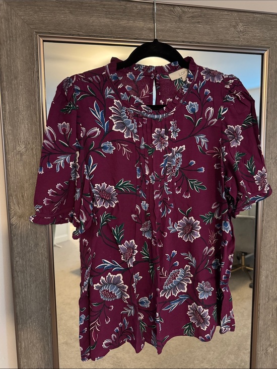 LOFT Tops - LOFT Burgundy Floral Ruffle Sleeve Blouse